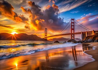 Fototapeta premium Baker Beach San Francisco Sunset Timelapse Overlooking Golden Gate Bridge