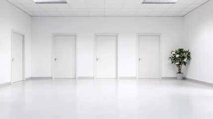 Empty office corridor, four doors, plant, decisions