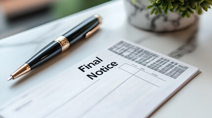 Photo of a single overdue bill labeled 'Final Notice' with a pen, representing overdue payments, financial urgency, and debt collection.