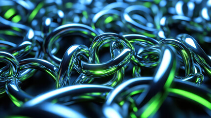 Sophisticated abstract background, interwoven neon green and silver lines on a dark surface, polished texture