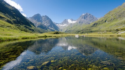 Fototapeta premium Alpine lake reflects majestic peaks, serene valley. Travel postcard