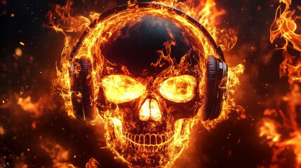 A skull floating with flaming eyes and headphones in a vortex of flames serves as a compelling visual metaphor for passion, heat, and sound in artistic expression