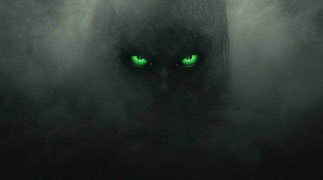 Peeking out from a dark background is a green monster with green eyes, generating a mysterious and eerie ambiance