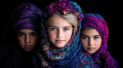 Obraz premium Children in colorful scarves, studio portrait, dark background, for advertising