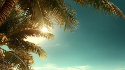 Fototapeta premium tropical summer postcard with palm leaves, exotic flowers, and a bright blue sky, space for text