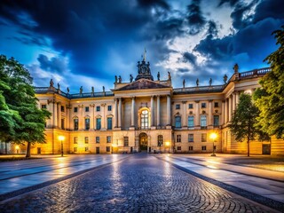 Fototapeta premium Berlin University Night Photography: Illuminated Buildings & Campus Atmosphere