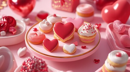 Valentine mockup card minimalist design. Assorted Sweet Heart Treats Displayed on Pink Plate With Festive Decoration and Soft Lighting.