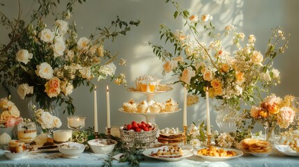 A festive table adorned with elegant floral arrangements, candles, and sweets for a March 8 gathering