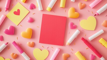 Valentine mockup card minimalist design. Colorful Stationery Art Supplies Hearts on Pink Background for Valentines Day Flat Lay Composition.