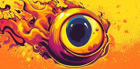 A modern illustration of a fiery eyeball flying through the air, leaving behind a flaming path