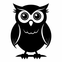 Wise Owl Silhouette: Majestic Night Bird Perched, Wide Eyes, Black art dark tree wing beak head image
