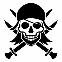 Fearsome Pirate Skull Silhouette: Crossed Swords, Black Design, Vector Graphic, Jolly Roger,        
