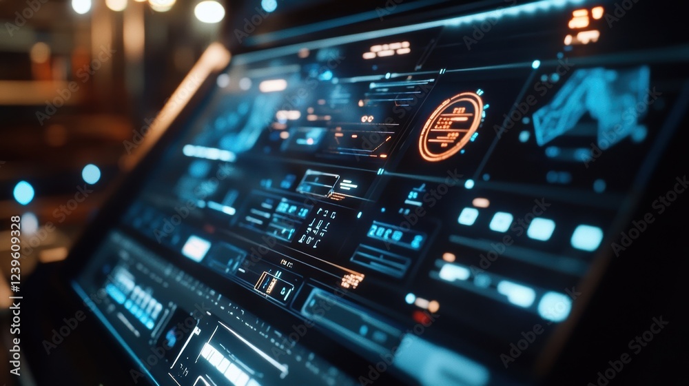 Poster complex digital interface displaying various data analysis and controls, suggesting innovative manuf