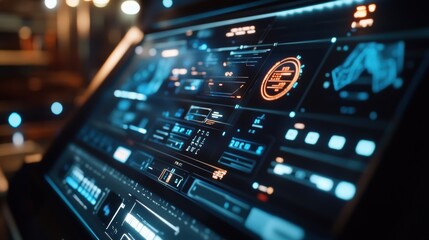 Obraz premium Complex digital interface displaying various data analysis and controls, suggesting innovative manufacturing processes within a technologically advanced environment