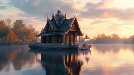 A floating temple house on a serene lake with reflective surfaces