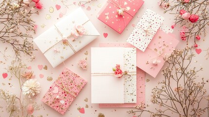 Valentine mockup card minimalist design. Elegant Presents and Floral Decor on Delicate Pink Surface for Special Occasions and Celebrations.