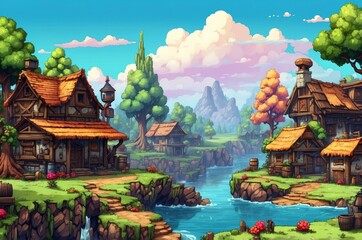 Obraz premium Colorful retro old vintage 2d pixel art game texture background illustration design, history and symbol theme concept. 
