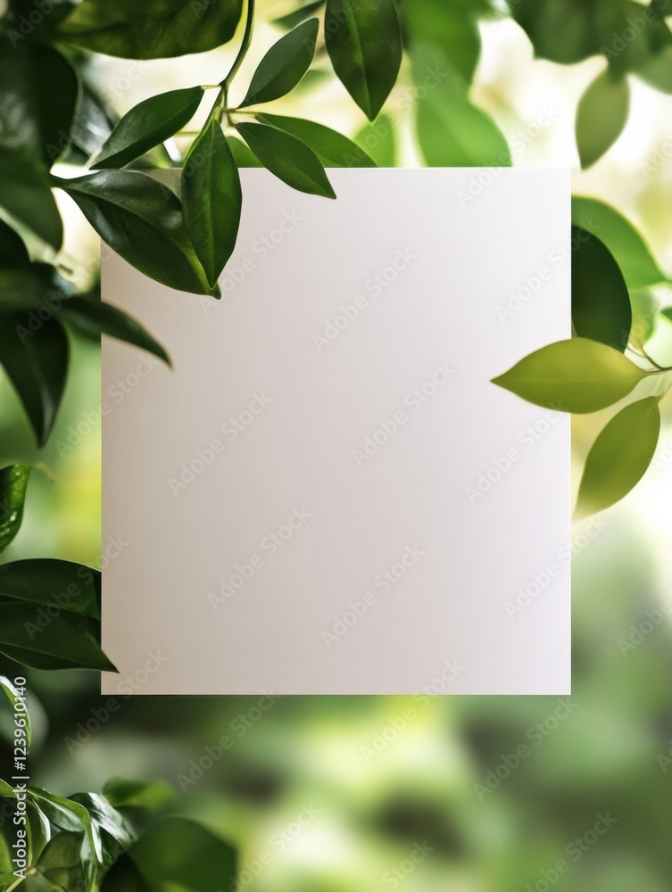 Poster blank white sheet framed by vibrant green leaves in a natural setting during daylight. generative ai