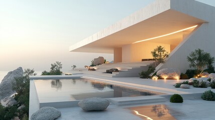 Fototapeta premium Modern cliffside villa sunrise ocean view pool