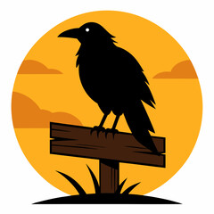 Mysterious Crow Silhouette on Rustic Wooden Signpost, Gothic, Halloween, Autumn, Nature bird tree   