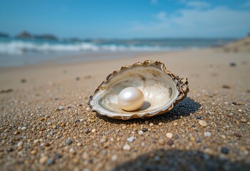 A gleaming pearl nestled in an open oyster shell on a serene sandy beach under a clear blue sky, embodying natural coastal beauty and tranquility.