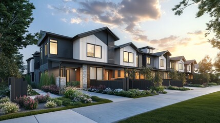 Modern Townhouses at Sunset with Landscape and Clean Lines in a Serene Neighborhood