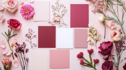 Obraz premium Valentine mockup card minimalist design. Floral Arrangement With Color Swatches And Pinkish Roses On A Light Pink Background Delicate Setting.