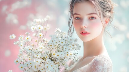 Light and Airy Portrait of a Woman in a Pastel Dress Holding Fresh Daisies