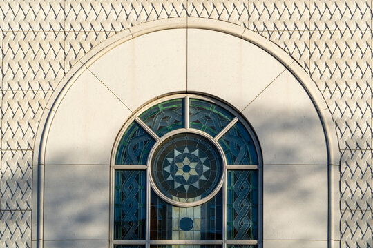 Stained glass windows on a church or religious temple of mormonism