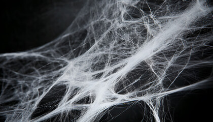 Creepy white cobweb on black background, closeup