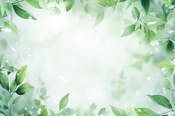 Obraz premium Bright Nature Frame with Fresh Green Leaves on Soft Pastel Background with empty space for presentation