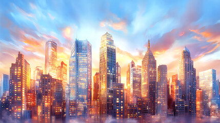 Obraz premium vibrant city skyline at sunset, showcasing tall buildings and colorful clouds