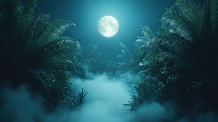 Obraz premium Moonlit Tropical Jungle Path, Foggy Night, Mystical Scene