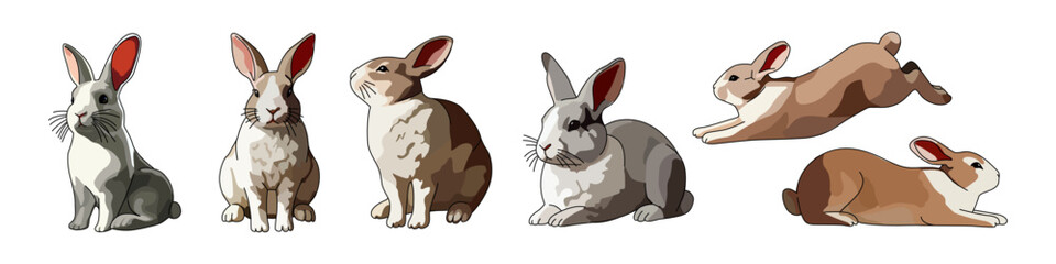 Digital vector illustration of cartoon rabbits in different poses, including sitting, lying, and jumping. Each rabbit has unique colors and expressions