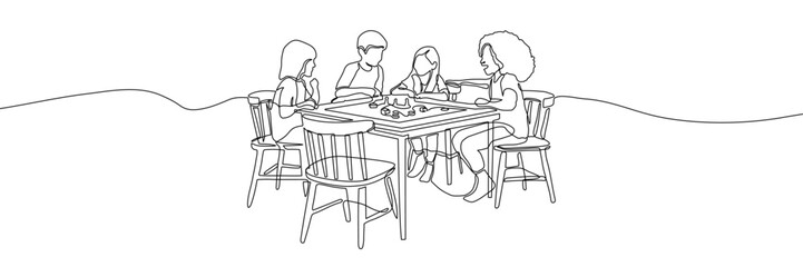 Group of people playing board game at table. Continuous one line drawing illustration. Leisure activity and social interaction concept
