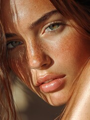 Dramatic portrait of a freckled beauty with bright eyes and shadows gracefully accenting the facial features.