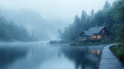 Obraz premium Misty lake cabin, wooden path, tranquil dawn, forest background, travel