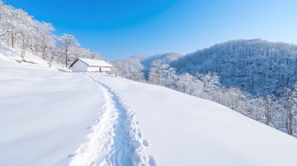 Obraz premium Snowy mountain path to cabin, winter landscape, tranquil scene, travel photography