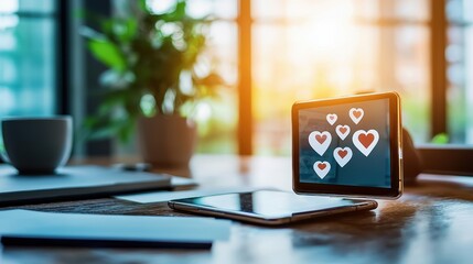 Cozy workspace with tablet displaying heart icons and morning sunlight. influencer marketing content creation concept