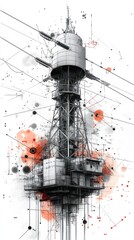 Fototapeta premium Futuristic offshore platform, digital art, ocean background, energy