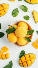 Refreshing mango sorbet in a bowl with mint leaves and fresh mango slices on a white background