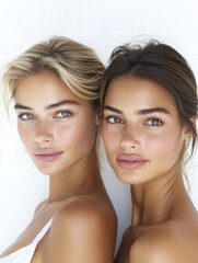 Two women share charming smiles in a cozy, illuminated space, radiating joy and connection in their candid moment.