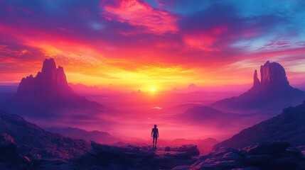 Fototapeta premium Silhouette Person Sunrise Mountain Vista Fantasy