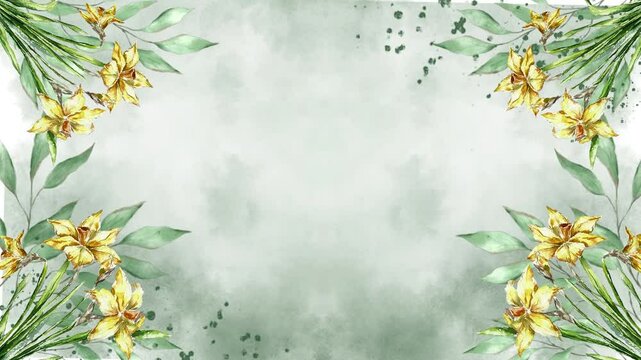 Watercolor leaves background and narcissus daffodil flowers animation grow moving minimal decoration botanical ecological cosmetic wedding invitation spring summer plants