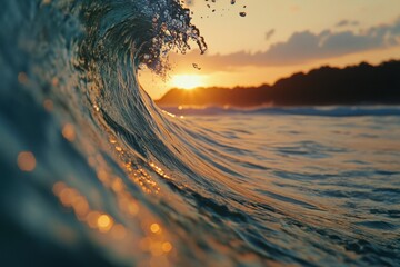 A beautiful glowing sunset vividly lights up the sky behind a powerful, surging wave, perfectly capturing the essence and spirit of an ideal and unforgettable summer evening experience