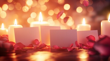 Valentine mockup card minimalist design. Romantic Candlelit Setting With Rose Petals and Blank Note Cards For a Special Occasion.