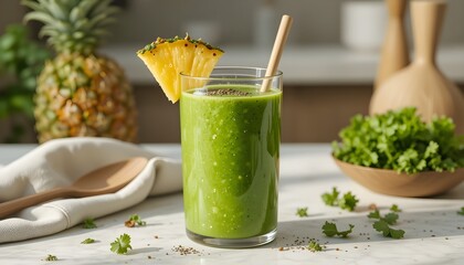 Fototapeta premium Fresh Green Smoothie with Pineapple Garnish
