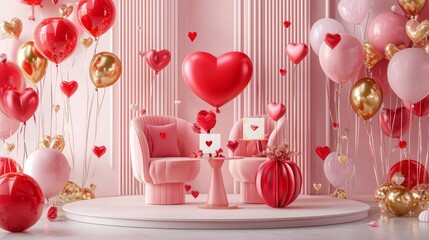 Valentine mockup card minimalist design. Romantic Celebration With Red Heart Balloons And Pink Furniture For Valentines Day.
