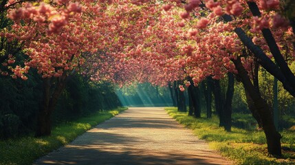 Naklejka premium Scenic Park Path Lined with Blooming Flowers, Symbolizing Spring and Femininity
