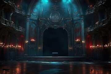 Obraz premium The image of a gloomy old cathedral with an auditorium in front, blue light falling on the square and candles on the walls, creating a scary and gloomy atmosphere.